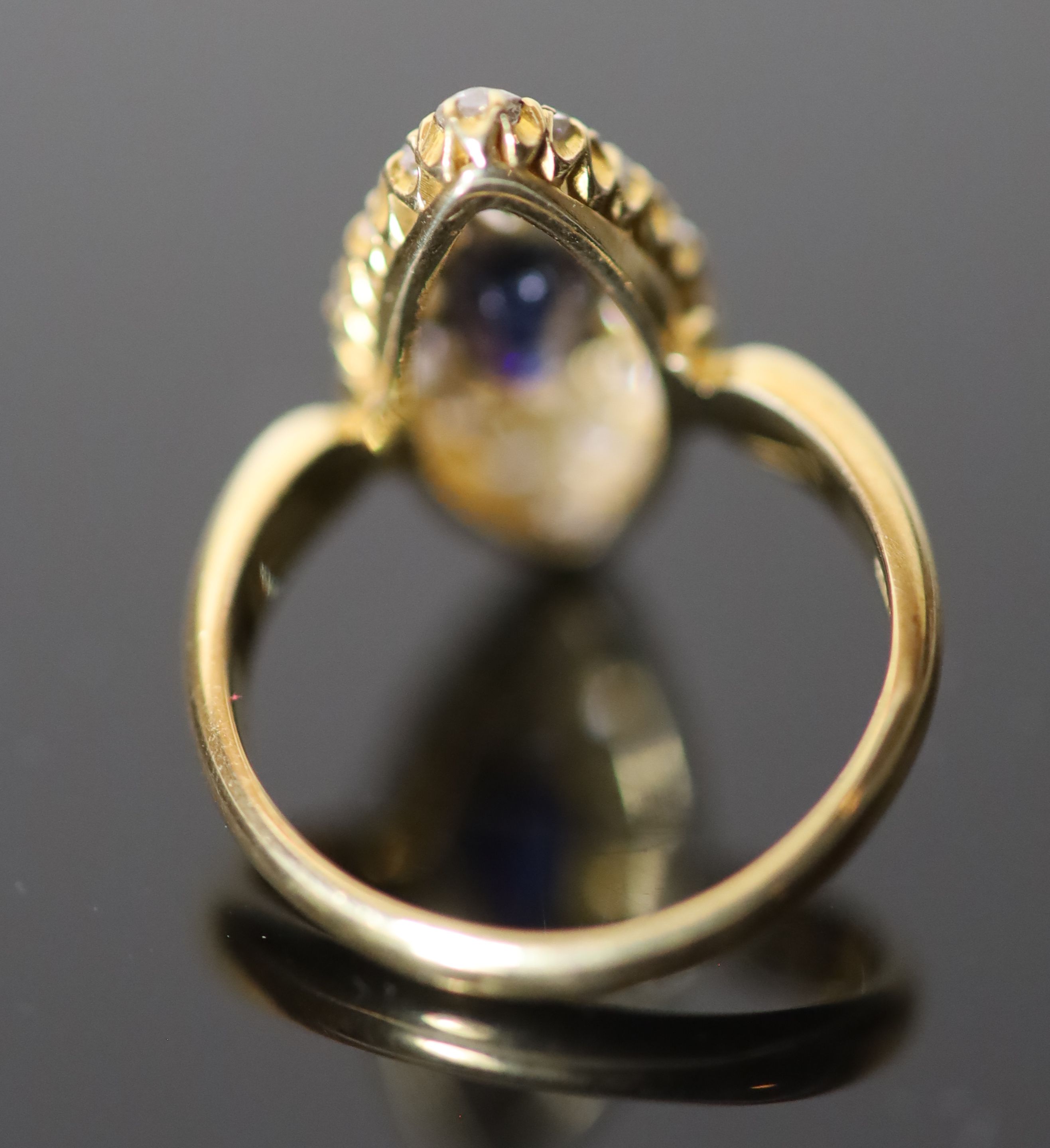 A Victorian 18ct gold, sapphire and diamond set marquise cluster ring,